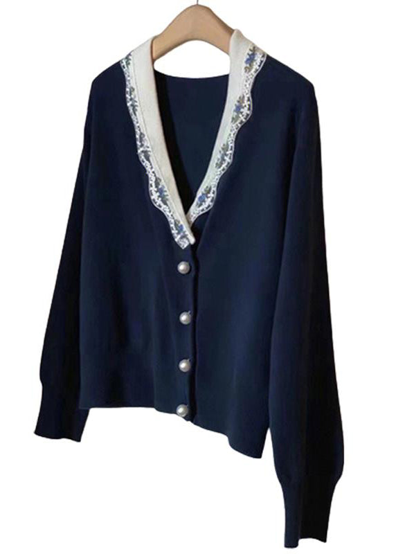 WW | Navy Blue V-Neck Button Patchwork Knitted Cardigans Long Sleeve