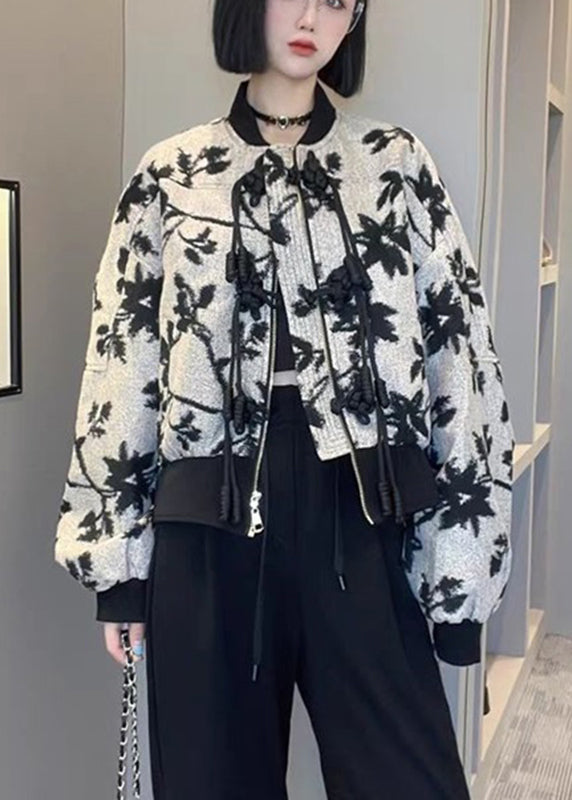 WW | Crew Neck Zipper Print Coats Long Sleeve