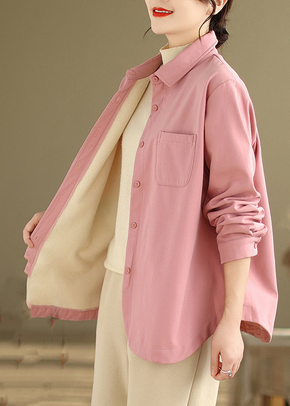 WW | Pink Oversized Pockets Fleece Wool-lined Coats Winter