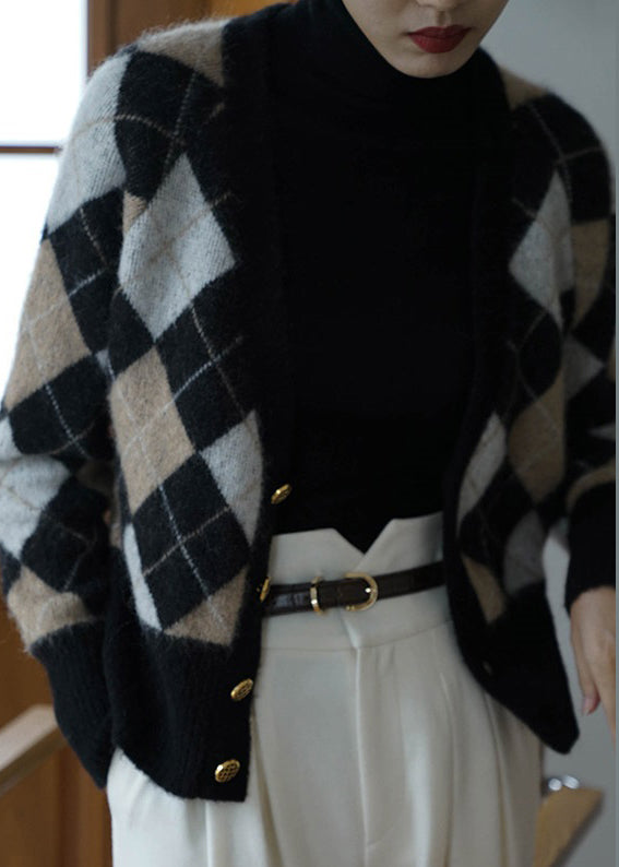 WW | Plaid V-neck Button Knit Cardigans Long Sleeve