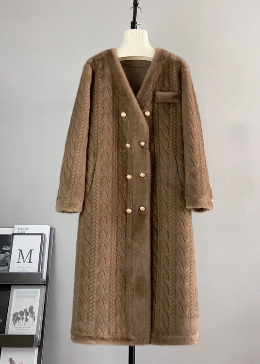WW | White V-neck Pocket Double-breasted Mink Cashmere Coats Winter