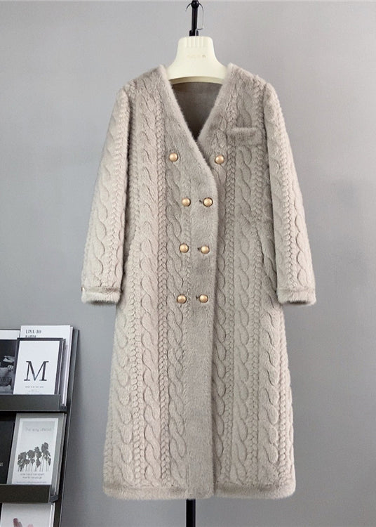 WW | White V-neck Pocket Double-breasted Mink Cashmere Coats Winter