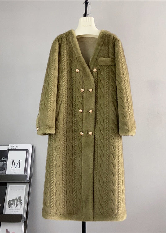 WW | White V-neck Pocket Double-breasted Mink Cashmere Coats Winter