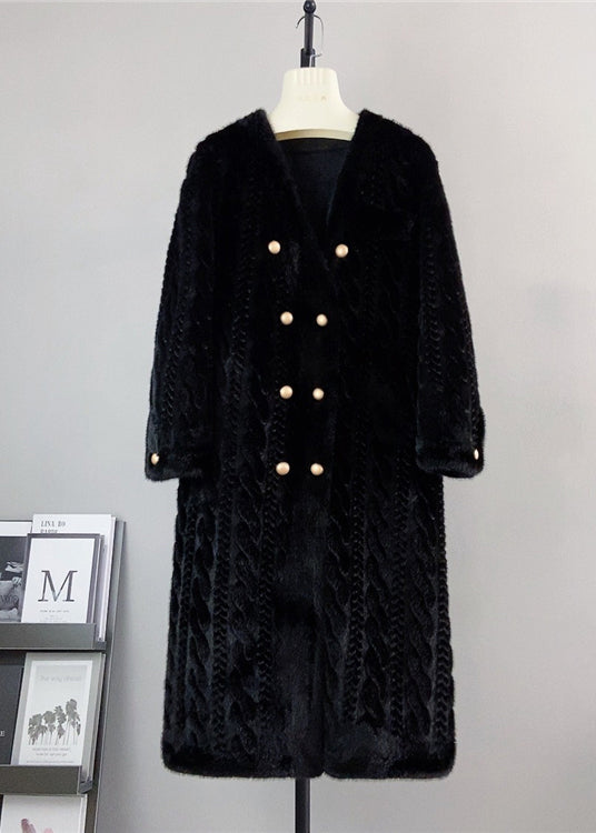 WW | White V-neck Pocket Double-breasted Mink Cashmere Coats Winter