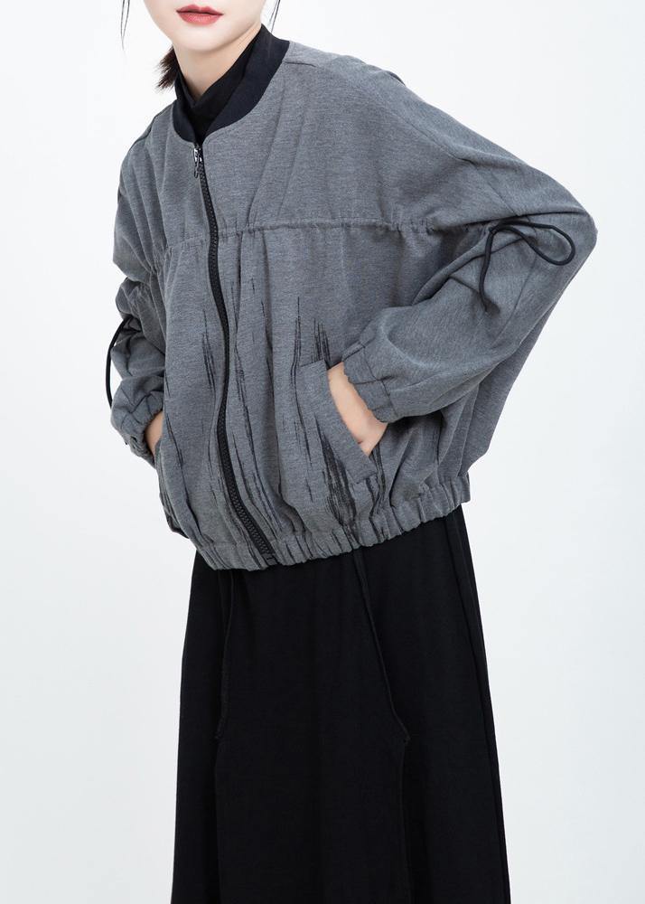 WW | elastic hem fine zippered short coats gray prints short outerwear