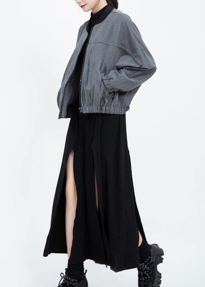 WW | elastic hem fine zippered short coats gray prints short outerwear