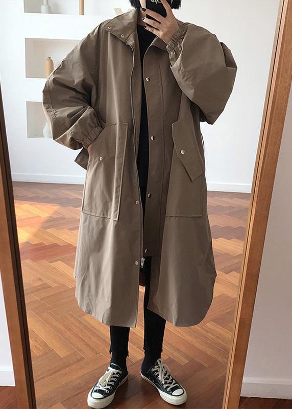 WW | Khaki Fine Maxi Coat Wardrobes with Zipper and Lapel Collar Women's Coats