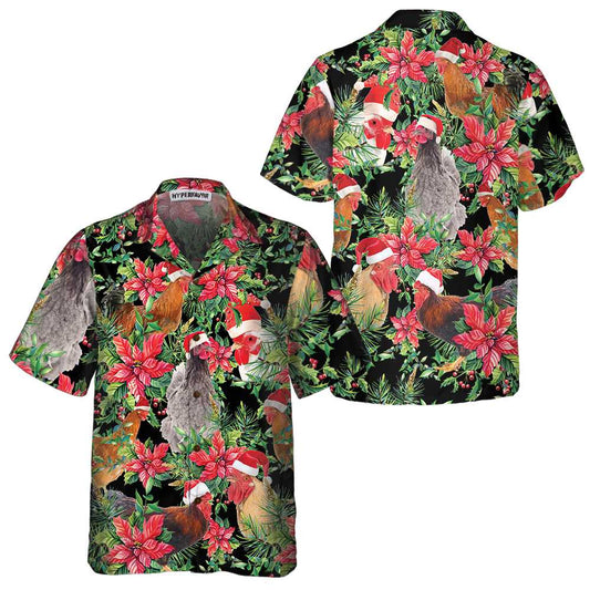 WW | Funny Chicken Wearing Christmas Plants Hawaiian Shirt