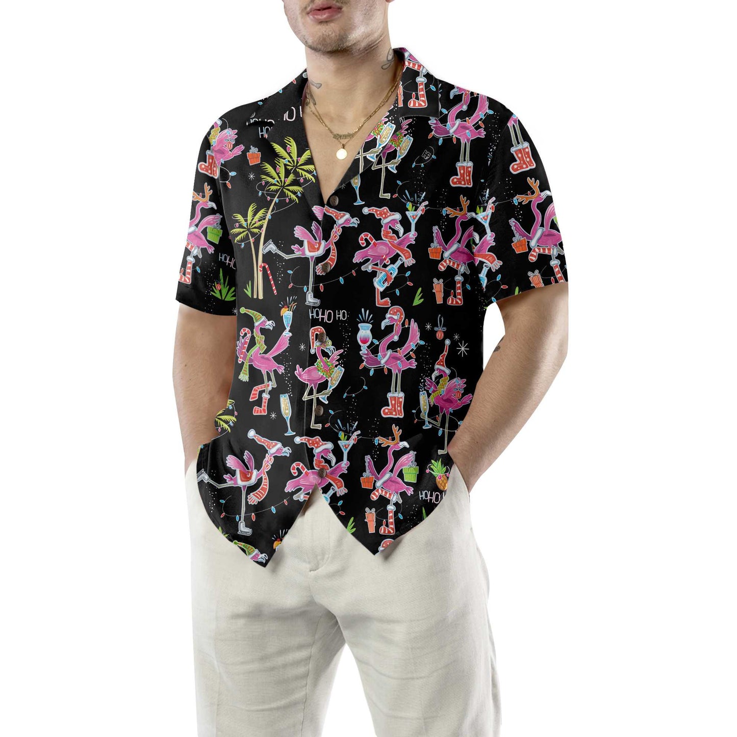 WW | Lustiges Weihnachtsflamingo-Hawaiian-Shirt, Weihnachts-Tropen-Shirt für Männer, Beste Weihnachtsgeschenk-Idee