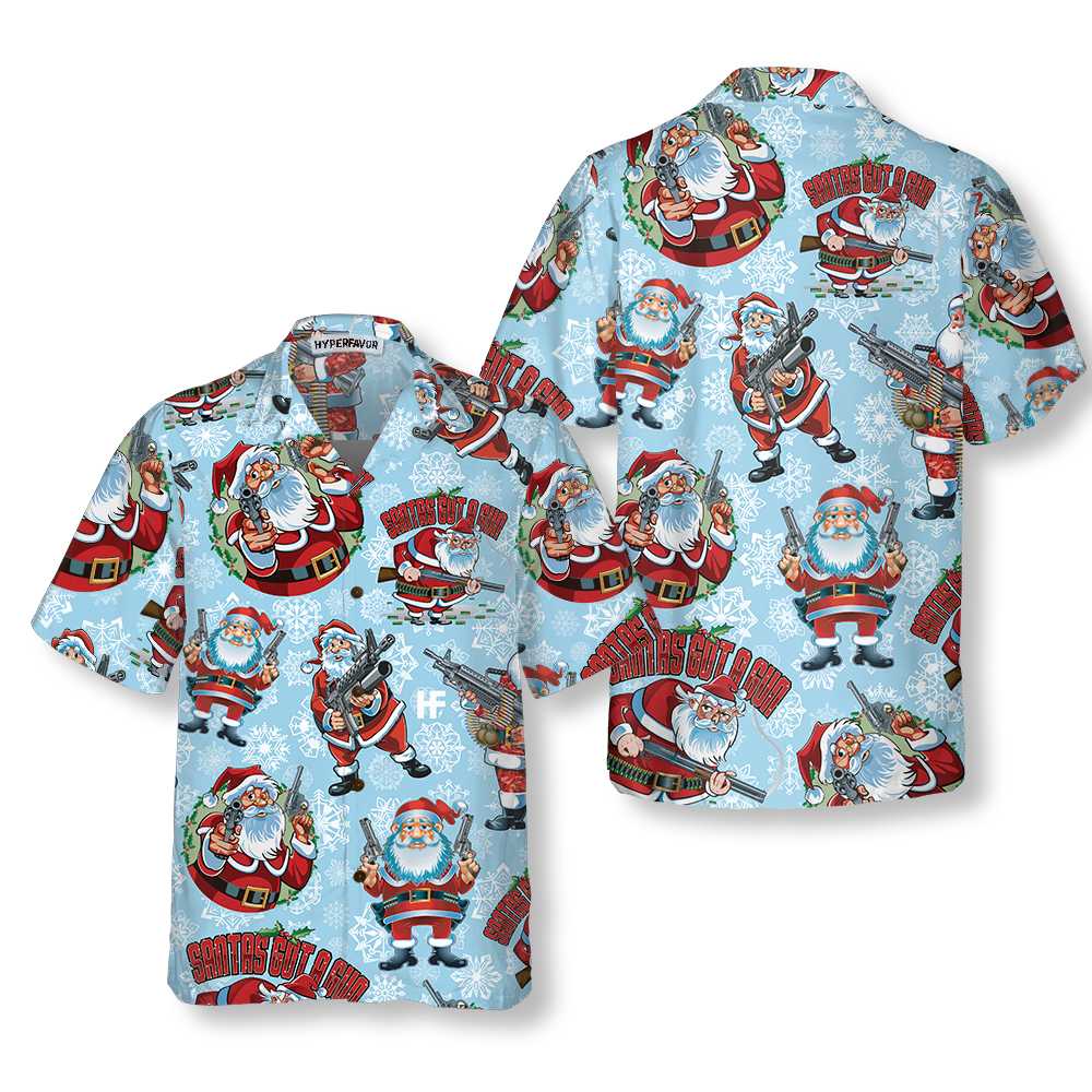 WW | Lustiger Weihnachtsmann mit Maschinengewehr Hawaii-Hemd, Lustiger Weihnachtsmann Hawaii-Hemd