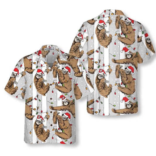 WW | Funny Sloth with Santa Hat Grey Christmas Hawaiian Shirt, Best Christmas Sloth Hawaiian Shirt for Sloth Lovers