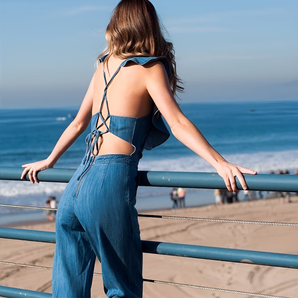 DenimDynasty™ - Open-Back Denim Jumpsuit