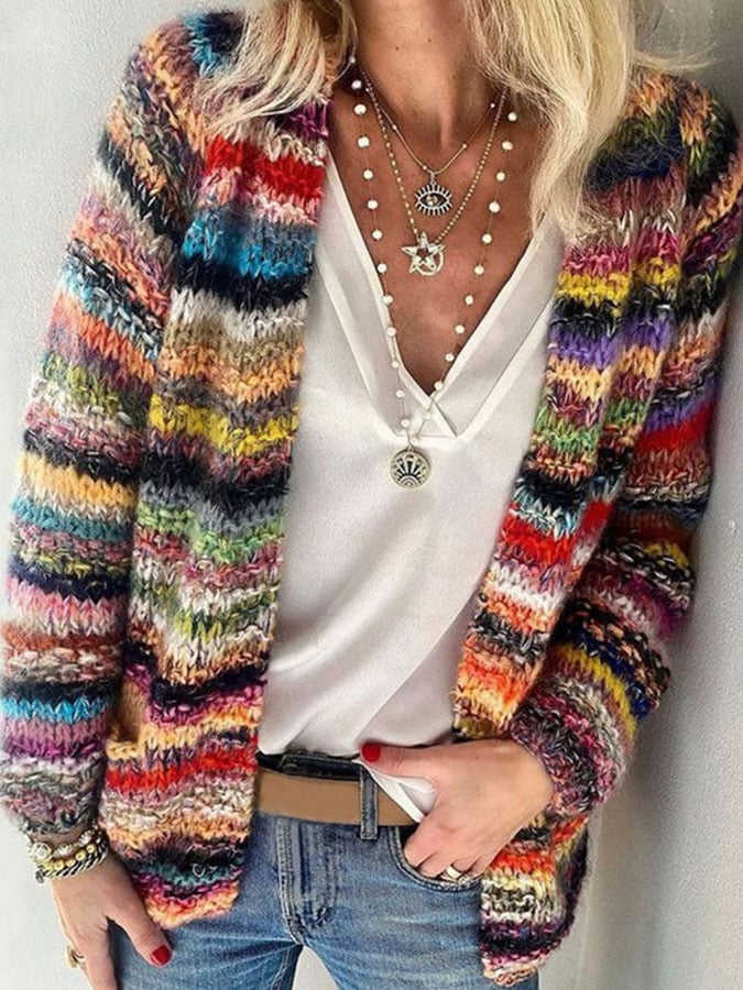 WW | Offene Vorderseite Gestreift Übergröße Jacke Damenstrickware