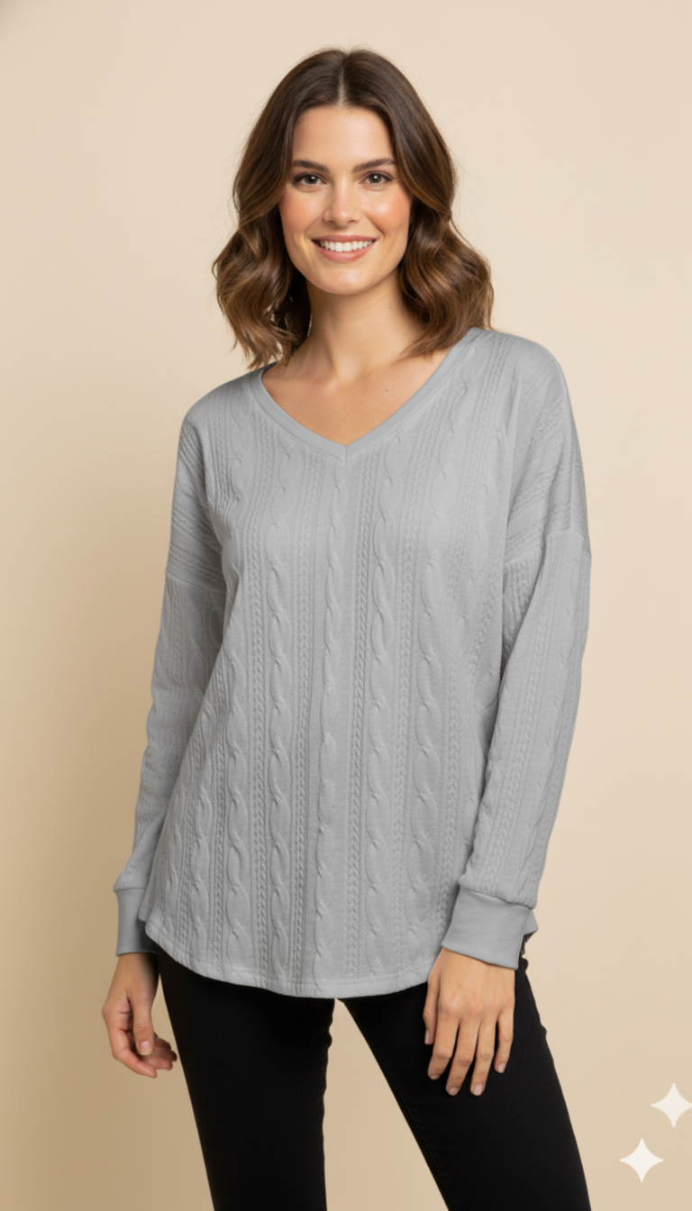 WW | Strickpullover Übergroß Fit V-Ausschnitt Kabelstrick Weicher Stricktextur