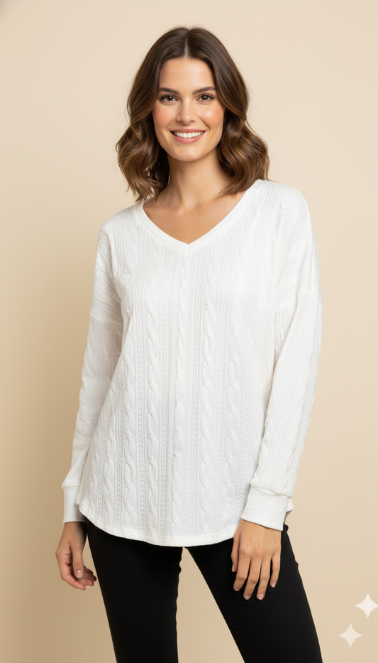 WW | Strickpullover Übergroß Fit V-Ausschnitt Kabelstrick Weicher Stricktextur