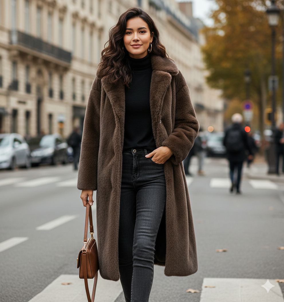 Damen Luxuriöser Kunstpelzmantel mit elegantem Schnitt und hohem Kragen WW