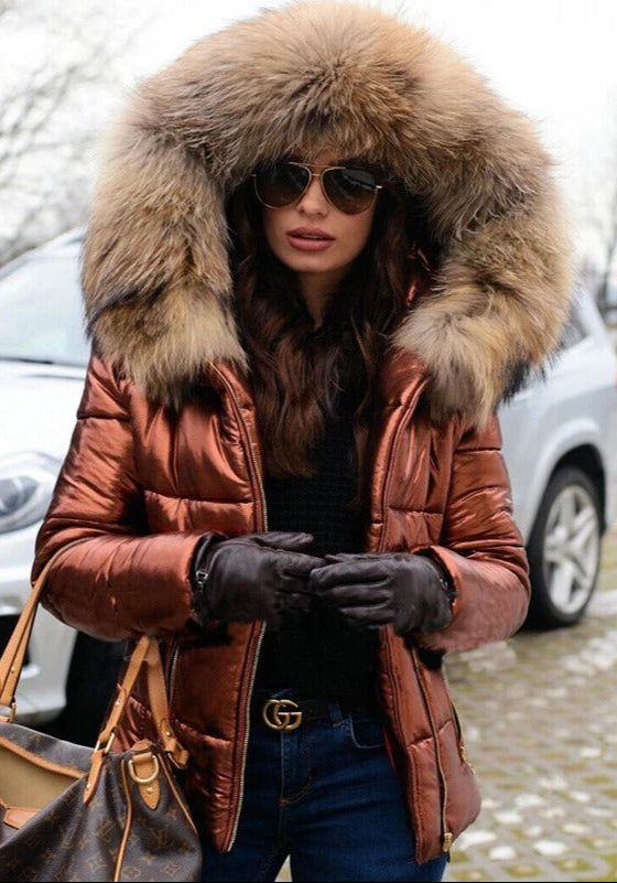 WW | Jacke Glänzend Reißverschluss Jacke mit Pelzkragen Winterjacke für Damen