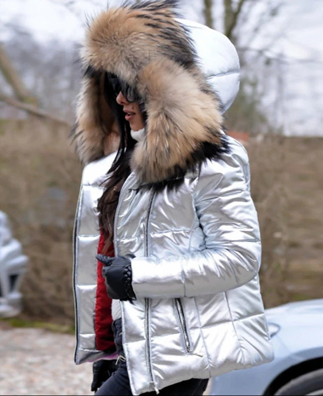 WW | Jacke Glänzend Reißverschluss Jacke mit Pelzkragen Winterjacke für Damen