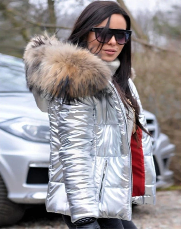 WW | Jacke Glänzend Reißverschluss Jacke mit Pelzkragen Winterjacke für Damen