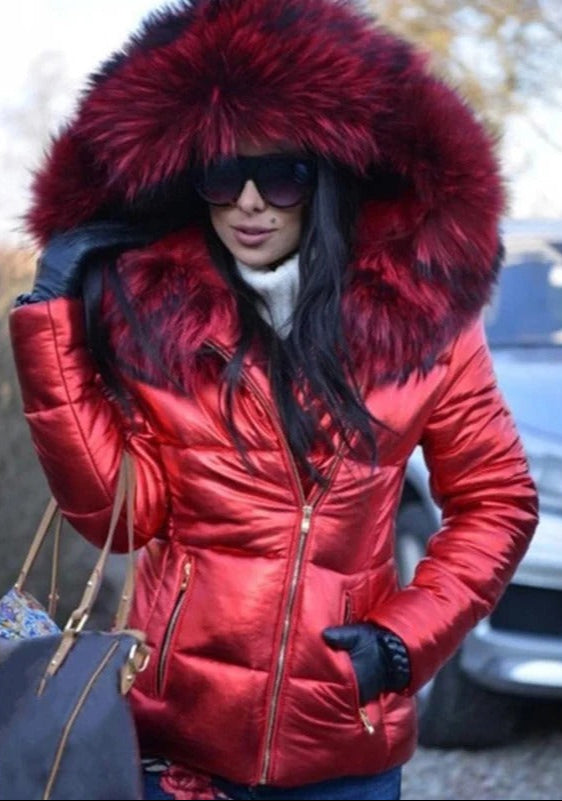 WW | Jacke Glänzend Reißverschluss Jacke mit Pelzkragen Winterjacke für Damen