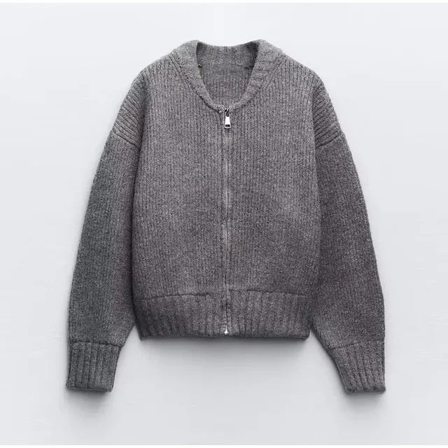 WW | Eleganter grauer Strickmantel mit Rundhalsausschnitt für Damen