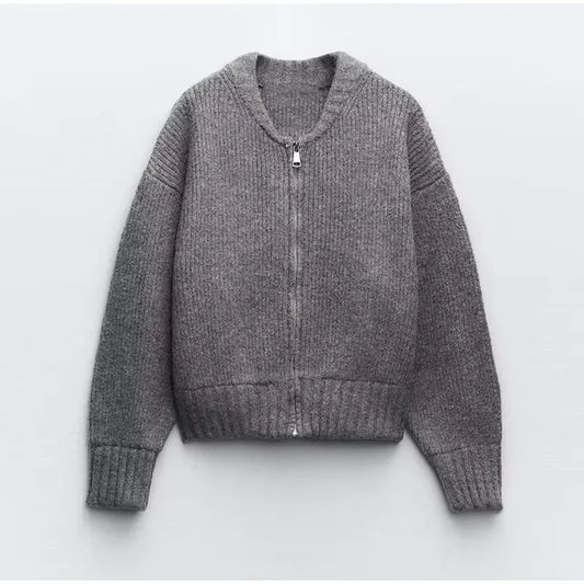 WW | Eleganter grauer Strickmantel mit Rundhalsausschnitt für Damen