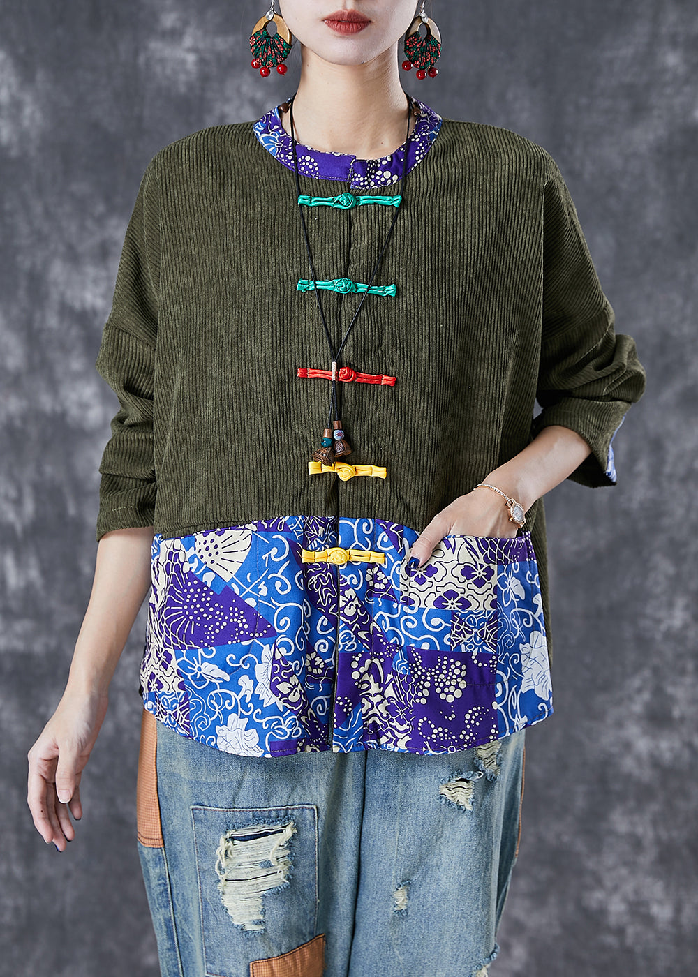 WW | Patchwork Corduroy Coats Chinese Button