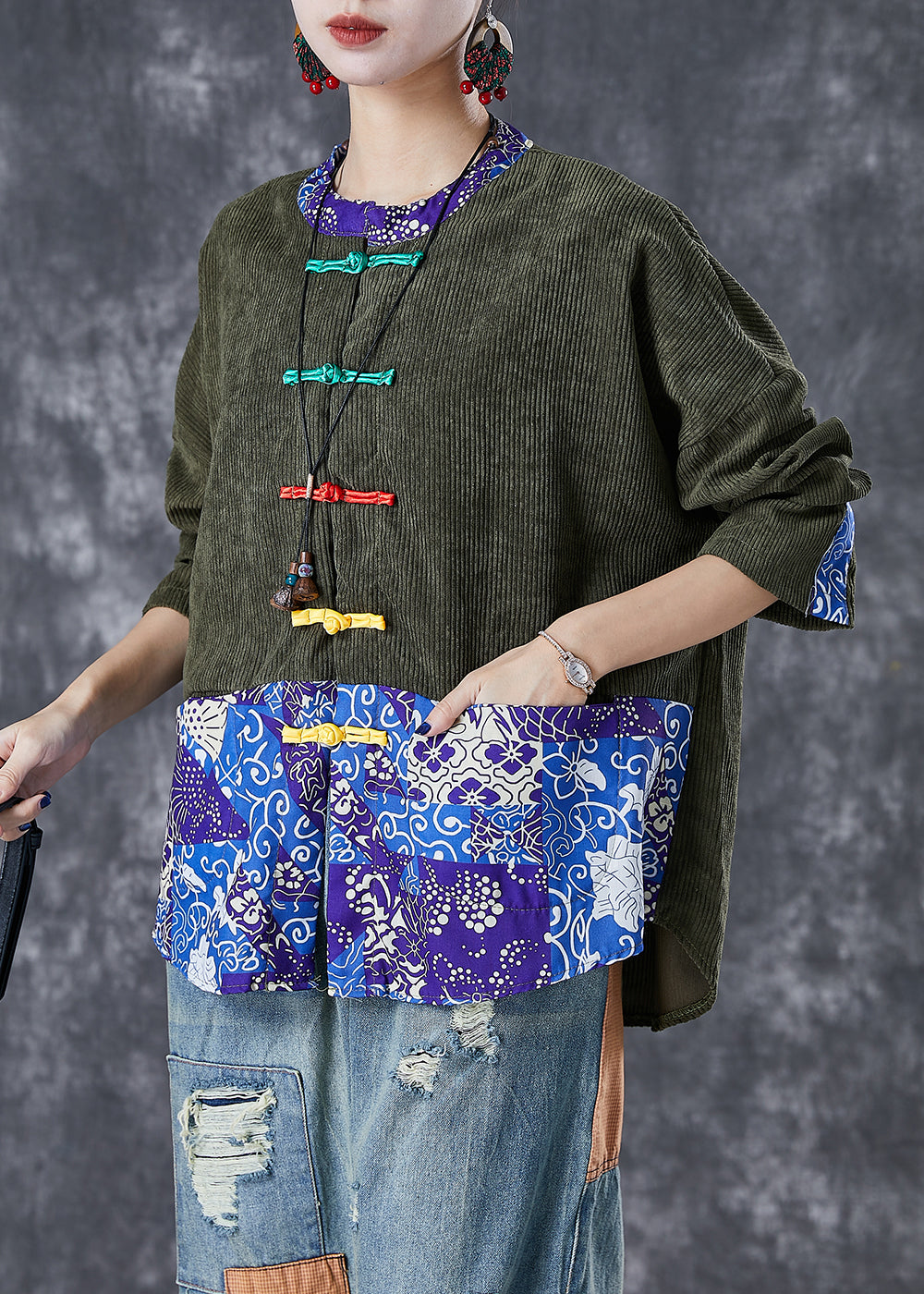 WW | Patchwork Corduroy Coats Chinese Button