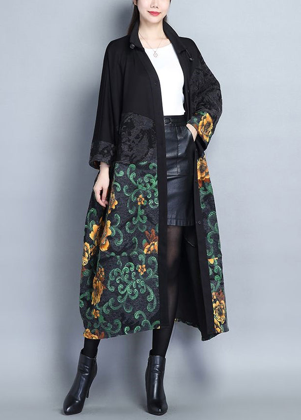 WW | Print Patchwork Cotton Long Trench Coats Button Long Sleeves