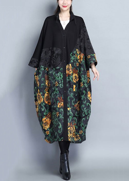 WW | Print Patchwork Cotton Long Trench Coats Button Long Sleeves