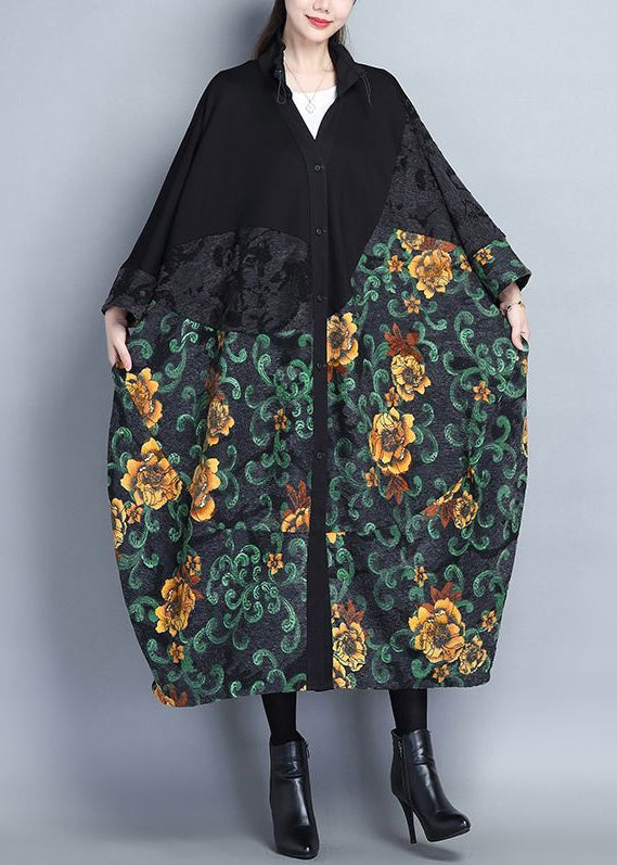 WW | Print Patchwork Cotton Long Trench Coats Button Long Sleeves