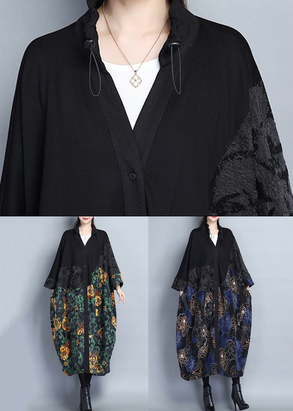 WW | Print Patchwork Cotton Long Trench Coats Button Long Sleeves