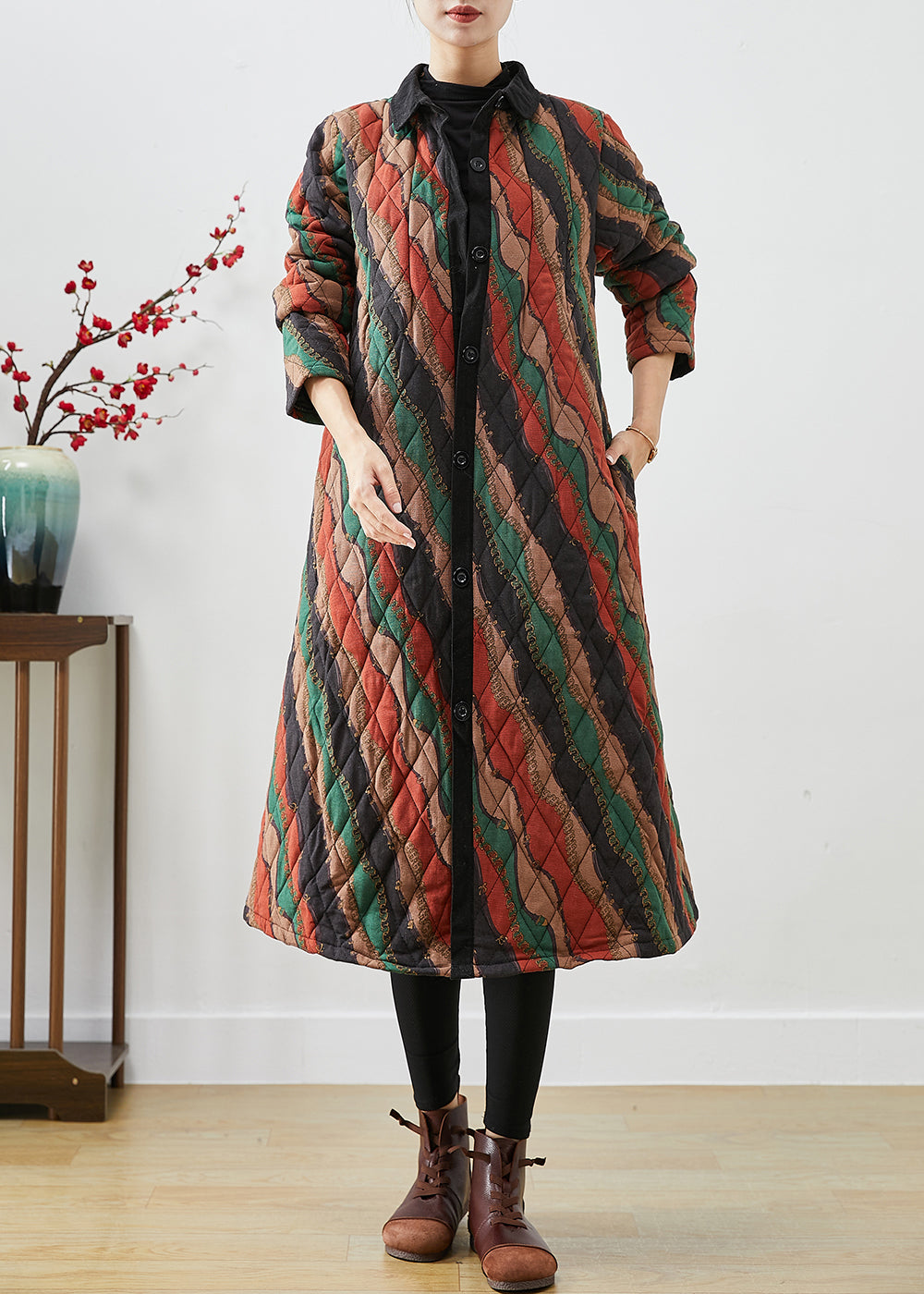 WW | Striped Fine Cotton Padded Trench Coats with Button Placket