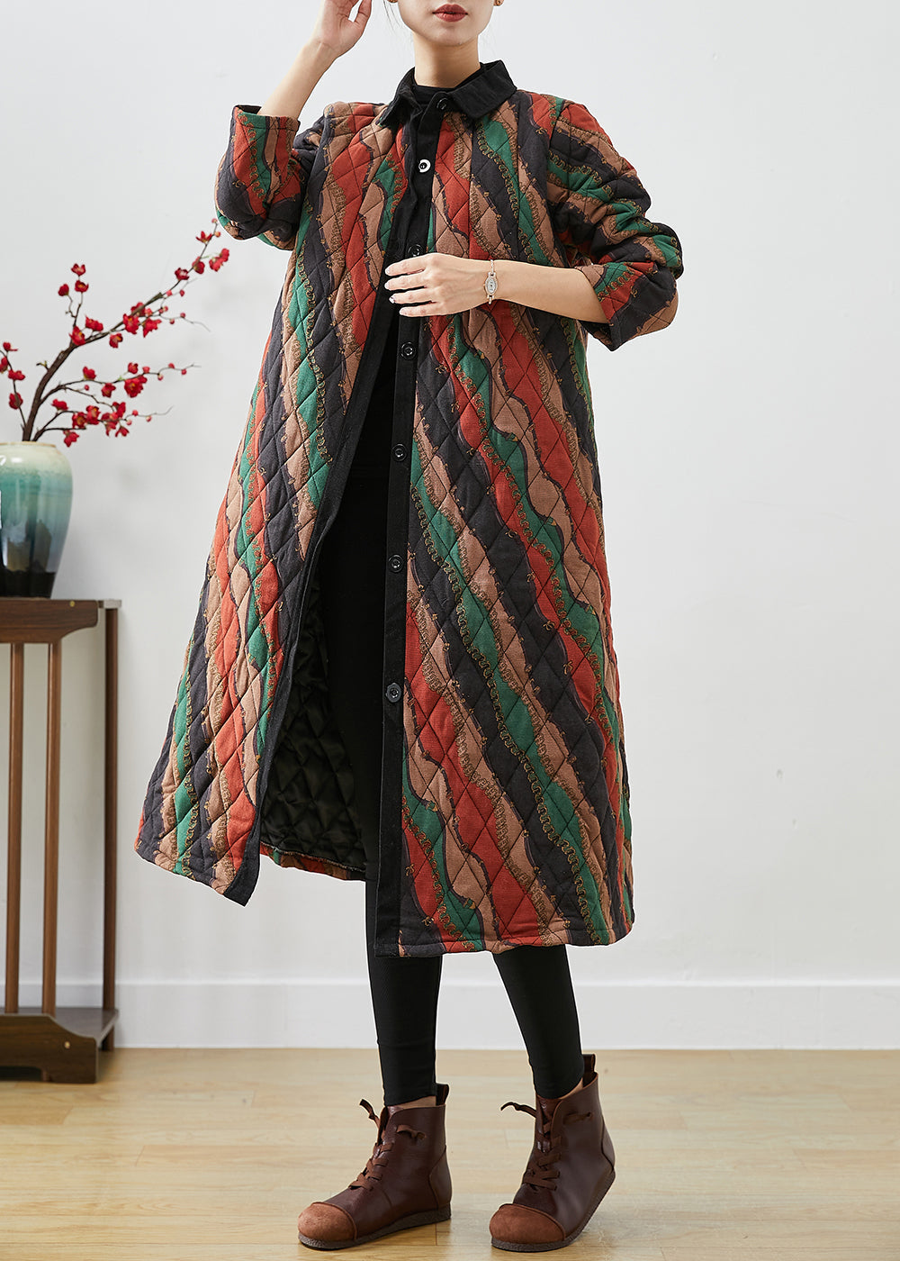 WW | Striped Fine Cotton Padded Trench Coats with Button Placket