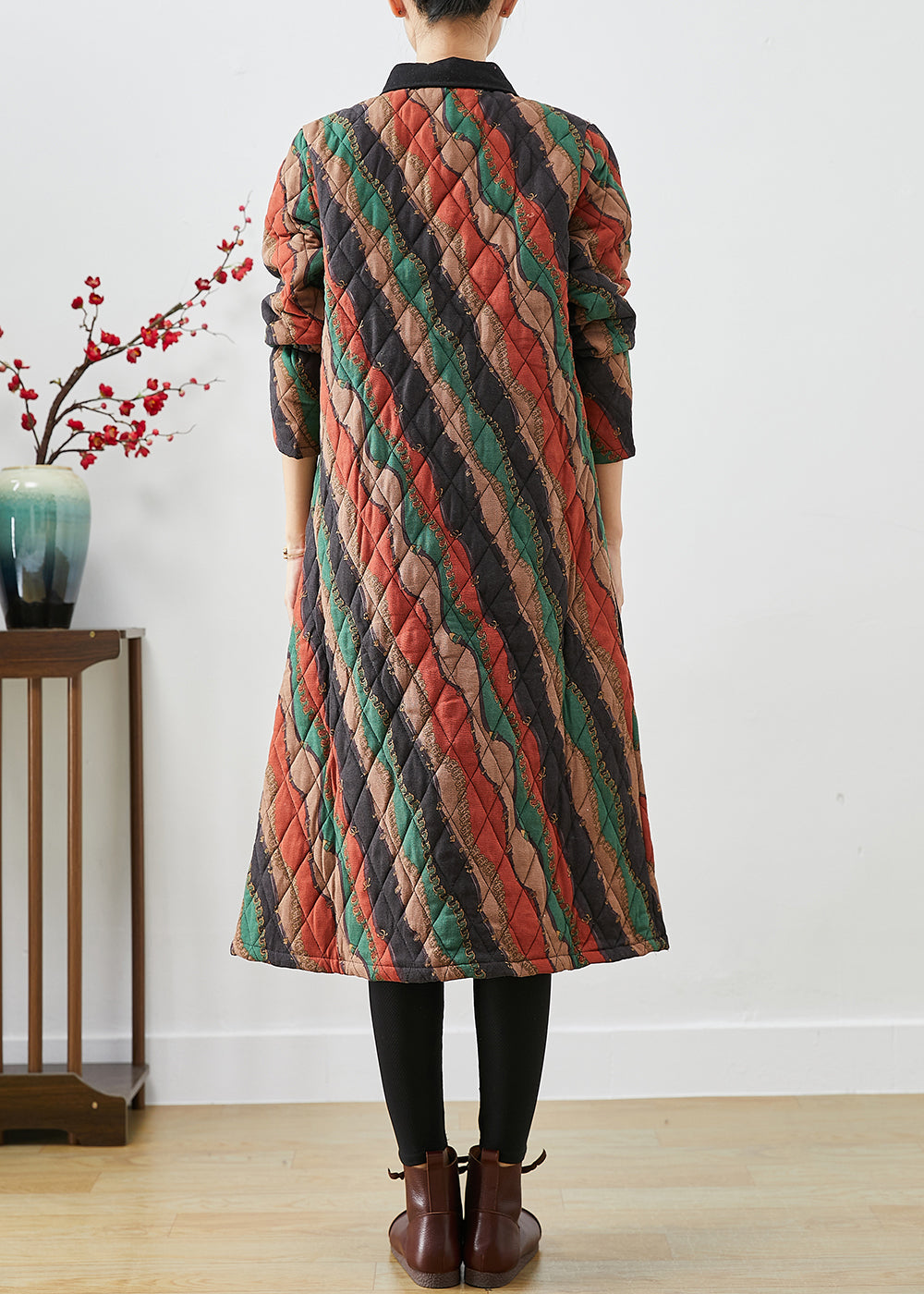 WW | Striped Fine Cotton Padded Trench Coats with Button Placket
