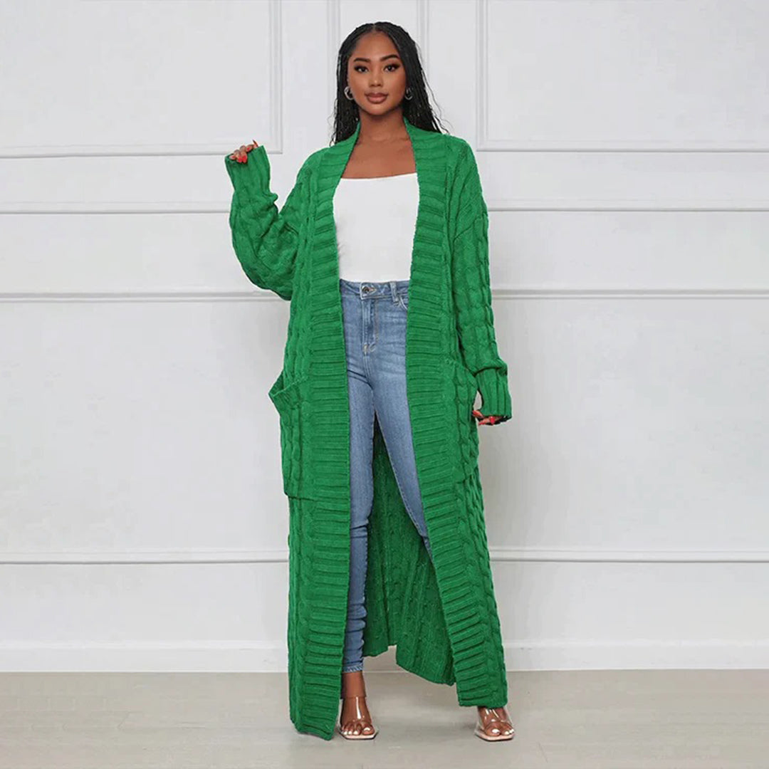 WW | Damen Strickcardigan mit Zopfmuster – Offener Oversize Mantel für Herbst & Winter