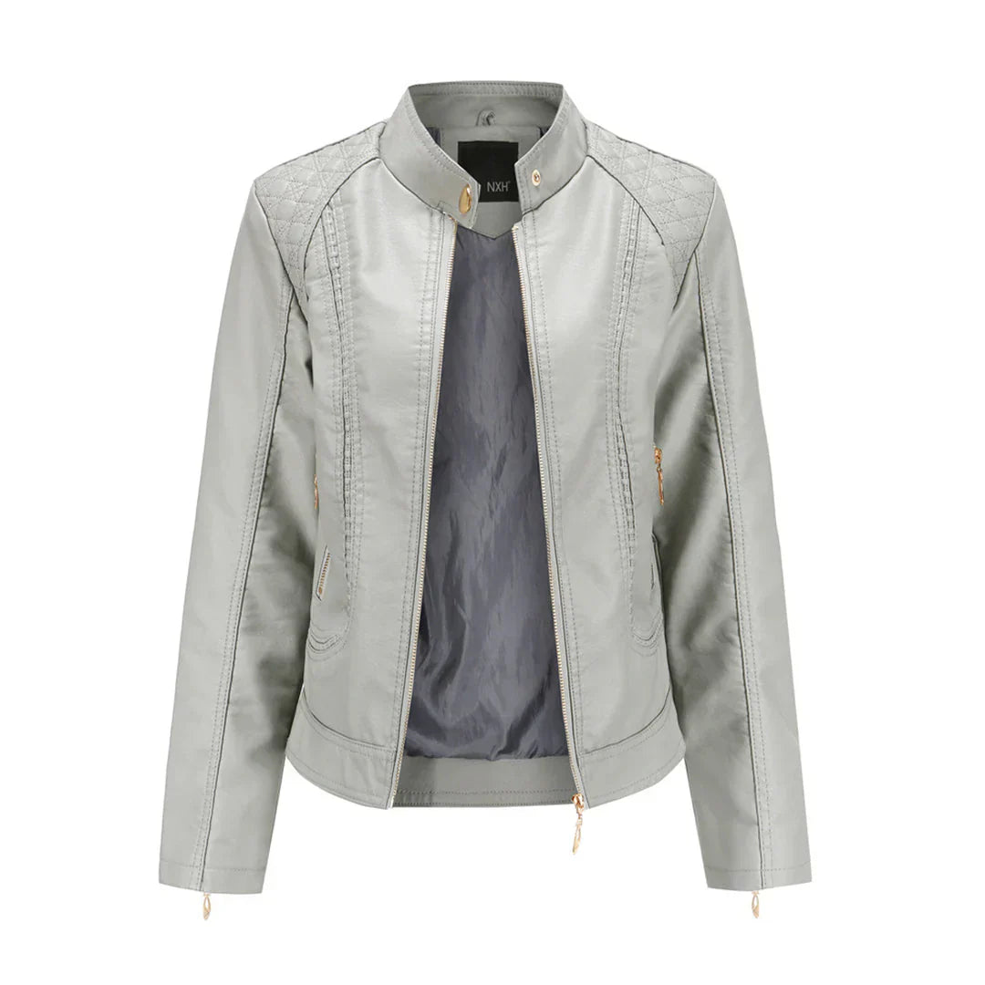 WW | Leather Jacket Slim Fit Quilted Shoulder Design Stand Collar Zipper Pockets