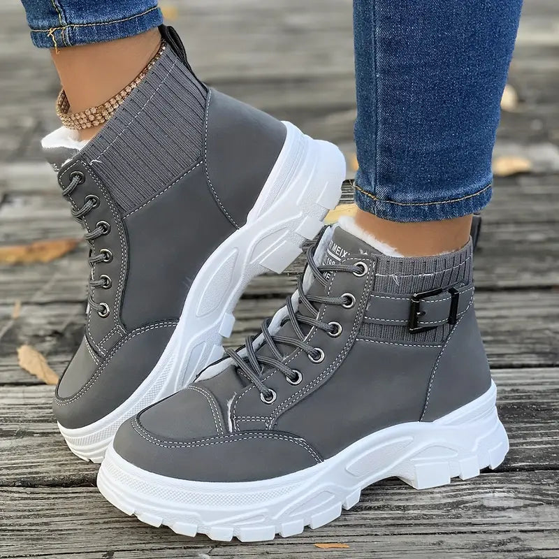 WW | Color Platform Short Boots, Fashion Lace-Up Plush Lined Boots