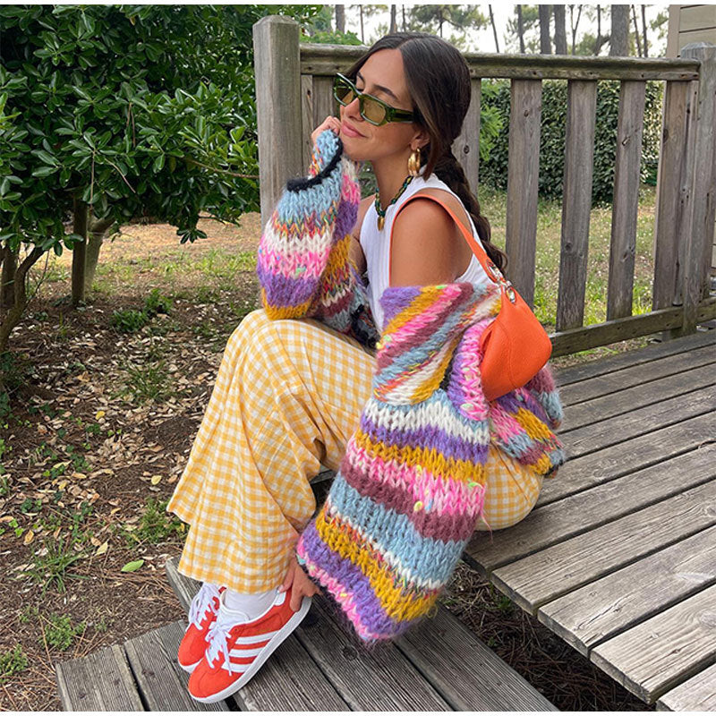 WW | Kleid Farbenfroh Gestreifter Strickdamenpullover mit Offener Vorderseite