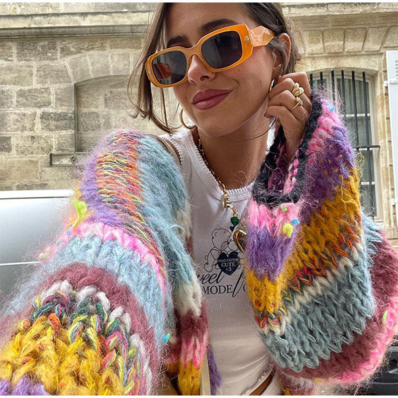 WW | Kleid Farbenfroh Gestreifter Strickdamenpullover mit Offener Vorderseite