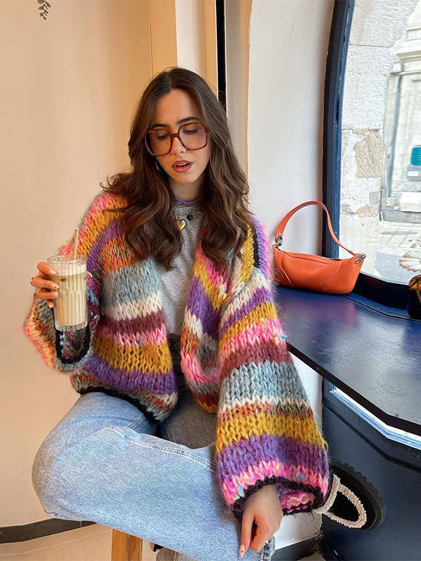 WW | Kleid Farbenfroh Gestreifter Strickdamenpullover mit Offener Vorderseite