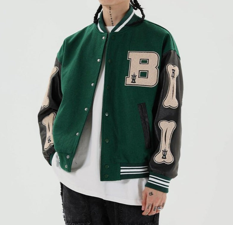 WW | Graphic Varsity Bomber Jacket with Bone Sleeve Design