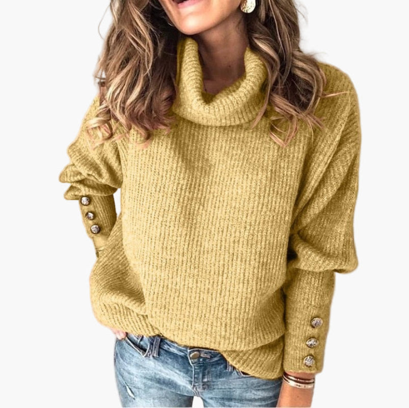 WW | Turtleneck Sweater with Button Details - Fashionable Casual Knit Sweater