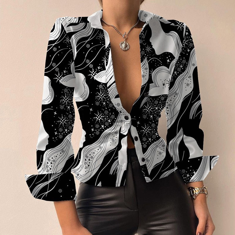 WW | V-Ausschnitt PU-Leder bedruckt Langarm Patchwork-Bluse