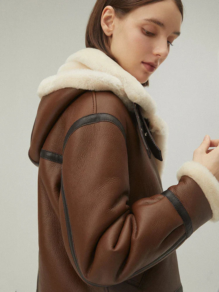 WW | Stylish Sheepskin Leather Jacket with Hood