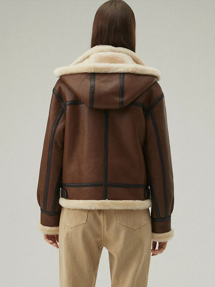 WW | Stylish Sheepskin Leather Jacket with Hood