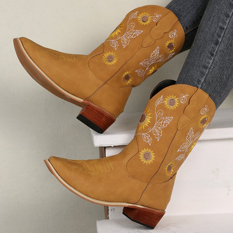 WW | Hohe Cowboystiefel Mit Sonnenblumendruck