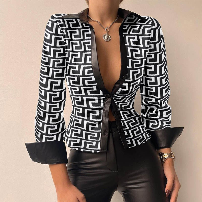 WW | V-Ausschnitt PU-Leder bedruckt Langarm Patchwork-Bluse