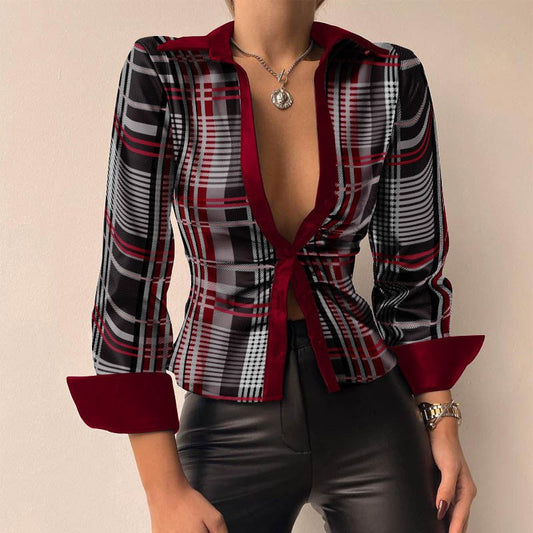 WW | V-Ausschnitt PU-Leder bedruckt Langarm Patchwork-Bluse