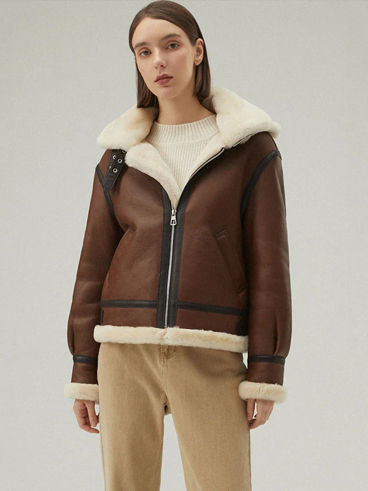 WW | Stylish Sheepskin Leather Jacket with Hood